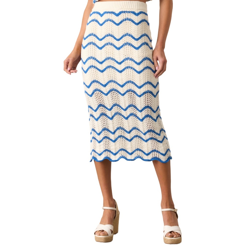 Cream & Sky Blue Crochet Knit Scalloped Midi Skirt | Coastal Boho Cottagecore